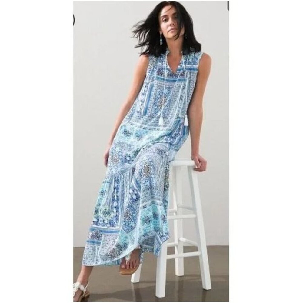 Chicos Womens Large Blue White Maxi Dress Sleeveless‎ Boho Patchwork Tassel Tie